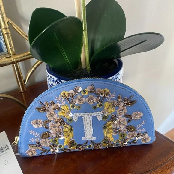 Anthropologie "T" Leather Beaded Monogram Pouch - Picture 7 of 7